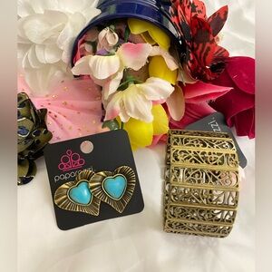 Brass Turquoise Earrings Cuff Bracelet Set